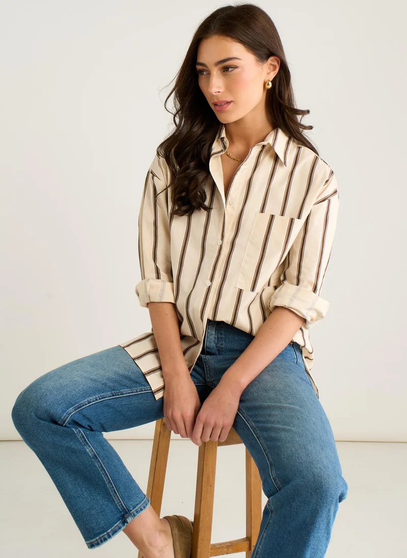 Gini London Cream Oversized Neutral Stripe Button-Down Shirt