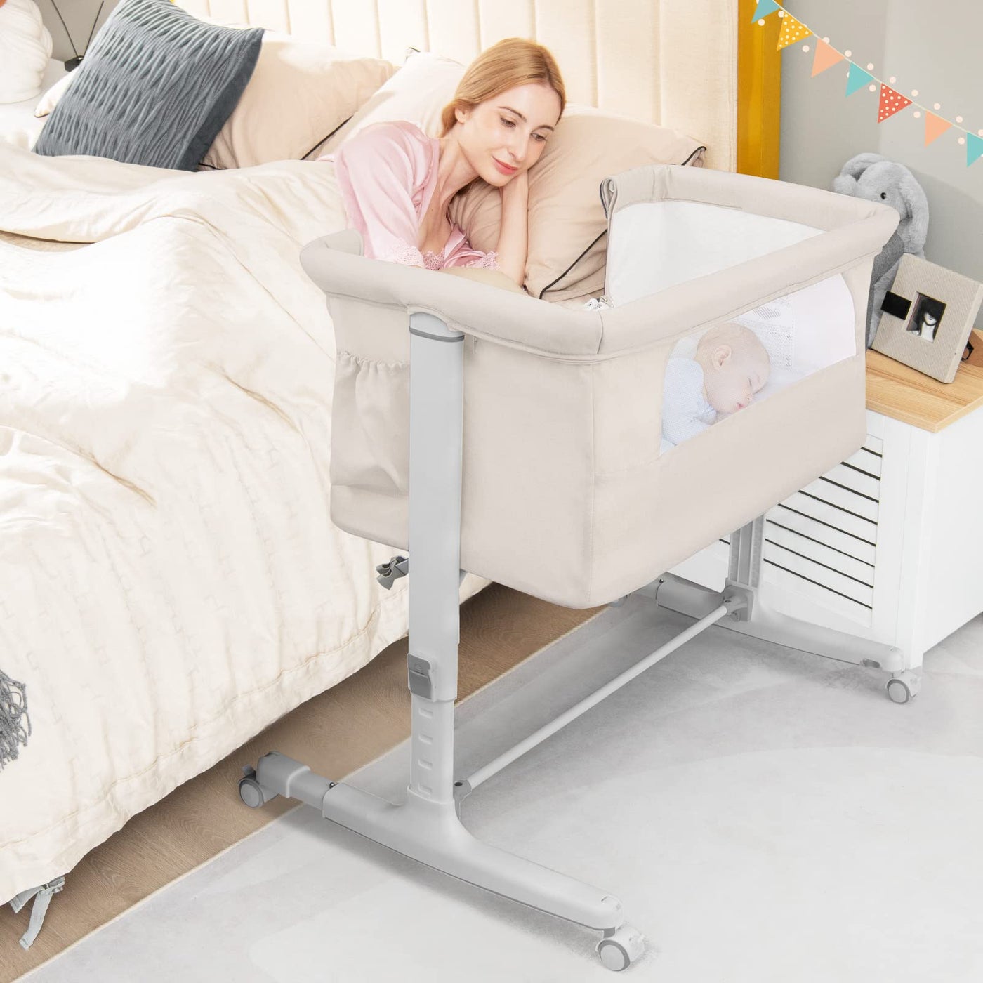 BABY JOY Bassinet Bedside Sleeper 3 in 1 Folding Crib wAdjustable Height Mattress Lockable Wheels Storage Pocket Carry Bag for Infant Newborn Stationary Rock Portable Baby Bassinet Beige