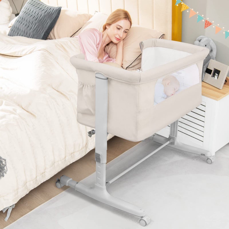 Baby Joy BABY JOY Bassinet Bedside Sleeper 3 in 1 Folding Crib wAdjustable Height Mattress Lockable Wheels Storage Pocket Carry Bag for Infant Newborn Stationary Rock Portable Baby Bassinet Beige