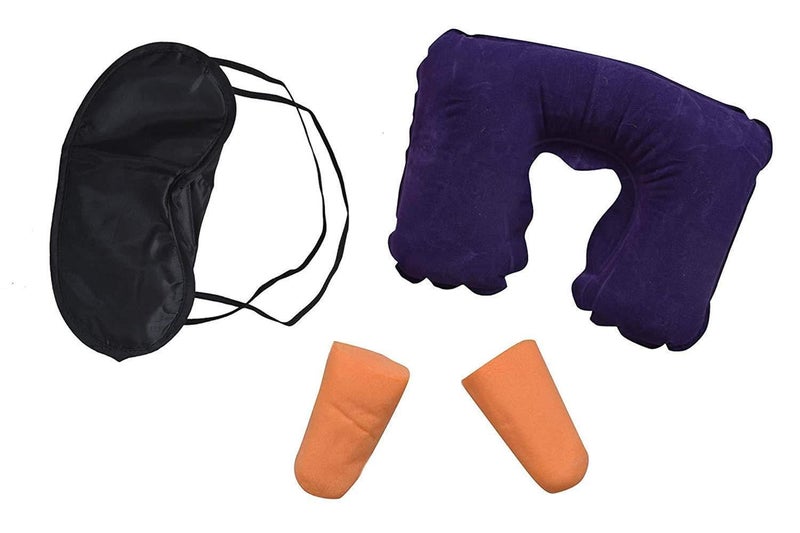 POPLEY 3 in 1 Combo Travel Kit Neck Rest Support Headrest Soft Air Cushion Neck Pillow Eye Shade Mask Ear Plugs for Men and Women Multicolour - Image 1