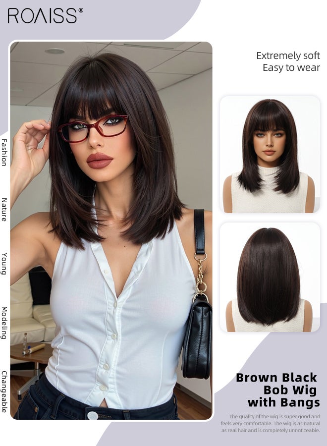 roaiss Brown Black Bob Straight Hair Wig with Bangs, Heat Resistant Synthetic Wig for Women, Suitable for Wedding Cosplay Party Daily Wear, Natural Looking, 35.6cm (14 inches) - Image 1