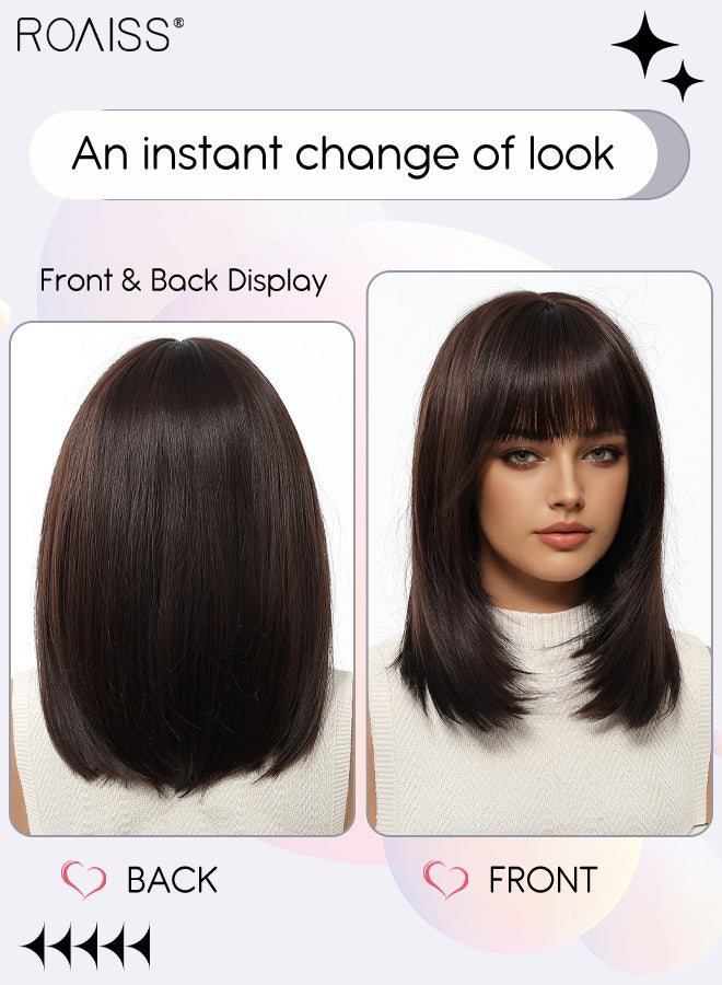 roaiss Brown Black Bob Straight Hair Wig with Bangs, Heat Resistant Synthetic Wig for Women, Suitable for Wedding Cosplay Party Daily Wear, Natural Looking, 35.6cm (14 inches) - Image 2