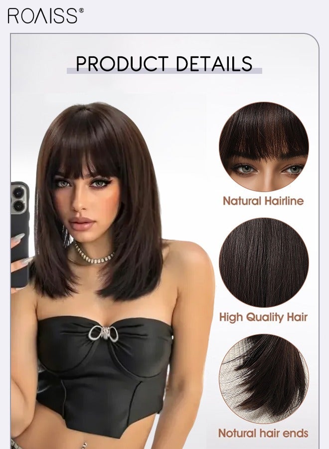 roaiss Brown Black Bob Straight Hair Wig with Bangs, Heat Resistant Synthetic Wig for Women, Suitable for Wedding Cosplay Party Daily Wear, Natural Looking, 35.6cm (14 inches) - Image 5
