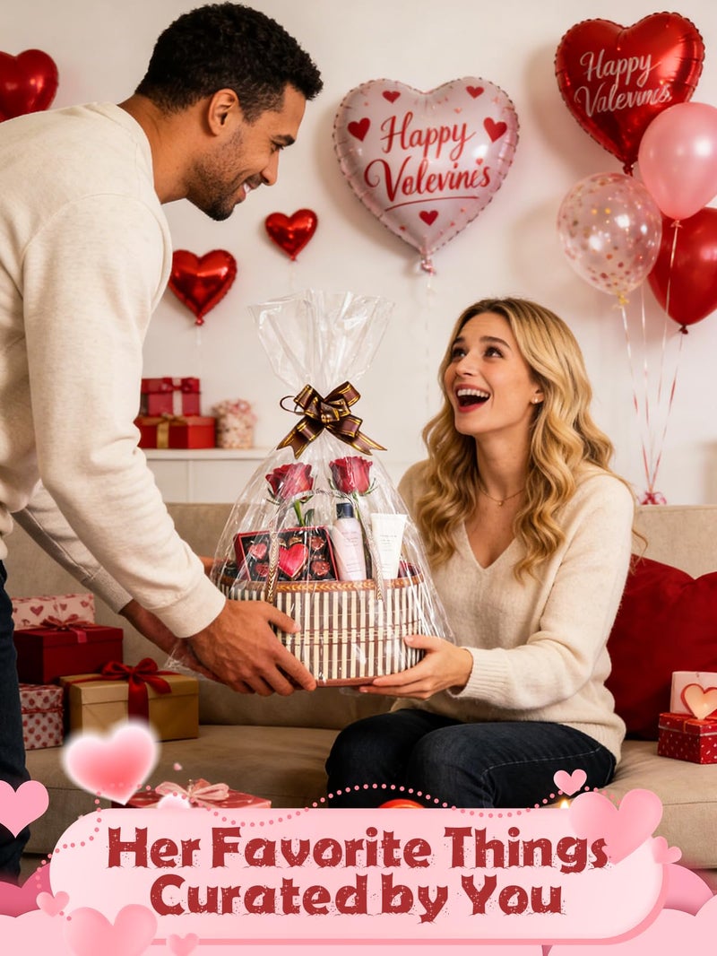 MADHOLLY 4 Set Valentine's Day Bamboo Baskets for Gifts Empty - 6"x7.5"x11.4" Large Easy to Setup Sturdy Gift Wrapping Basket with 2 Clear Bags and Bows, for Wedding Party, Baby Shower, Housewarming, Brown - Image 3