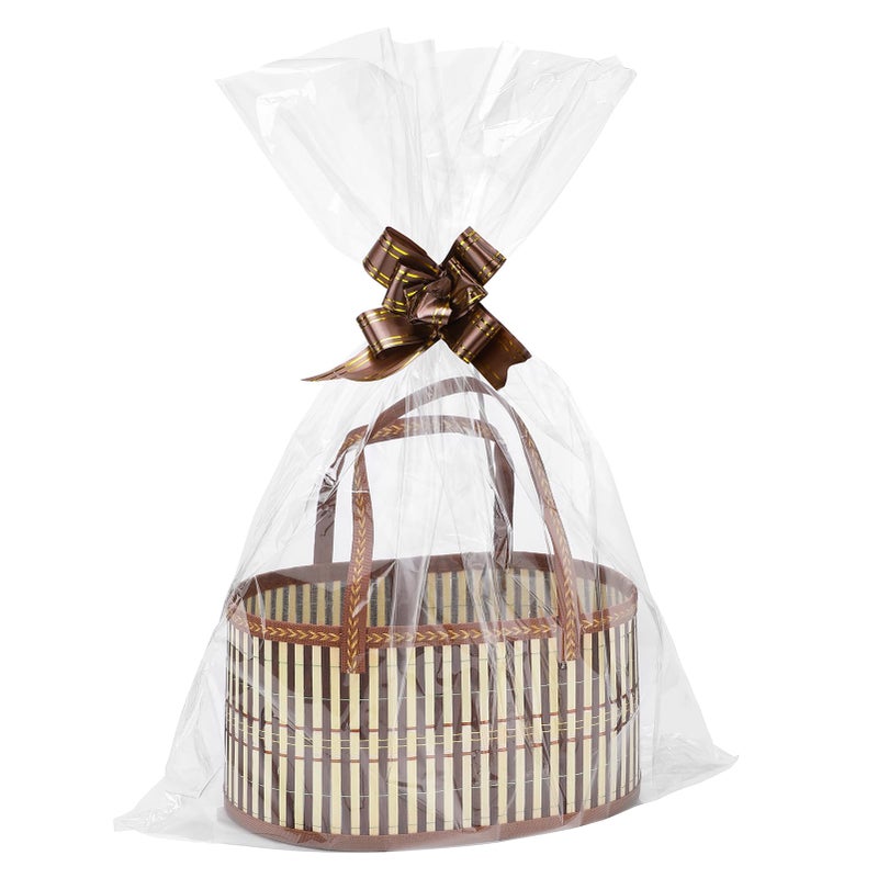 MADHOLLY 4 Set Valentine's Day Bamboo Baskets for Gifts Empty - 6"x7.5"x11.4" Large Easy to Setup Sturdy Gift Wrapping Basket with 2 Clear Bags and Bows, for Wedding Party, Baby Shower, Housewarming, Brown - Image 1