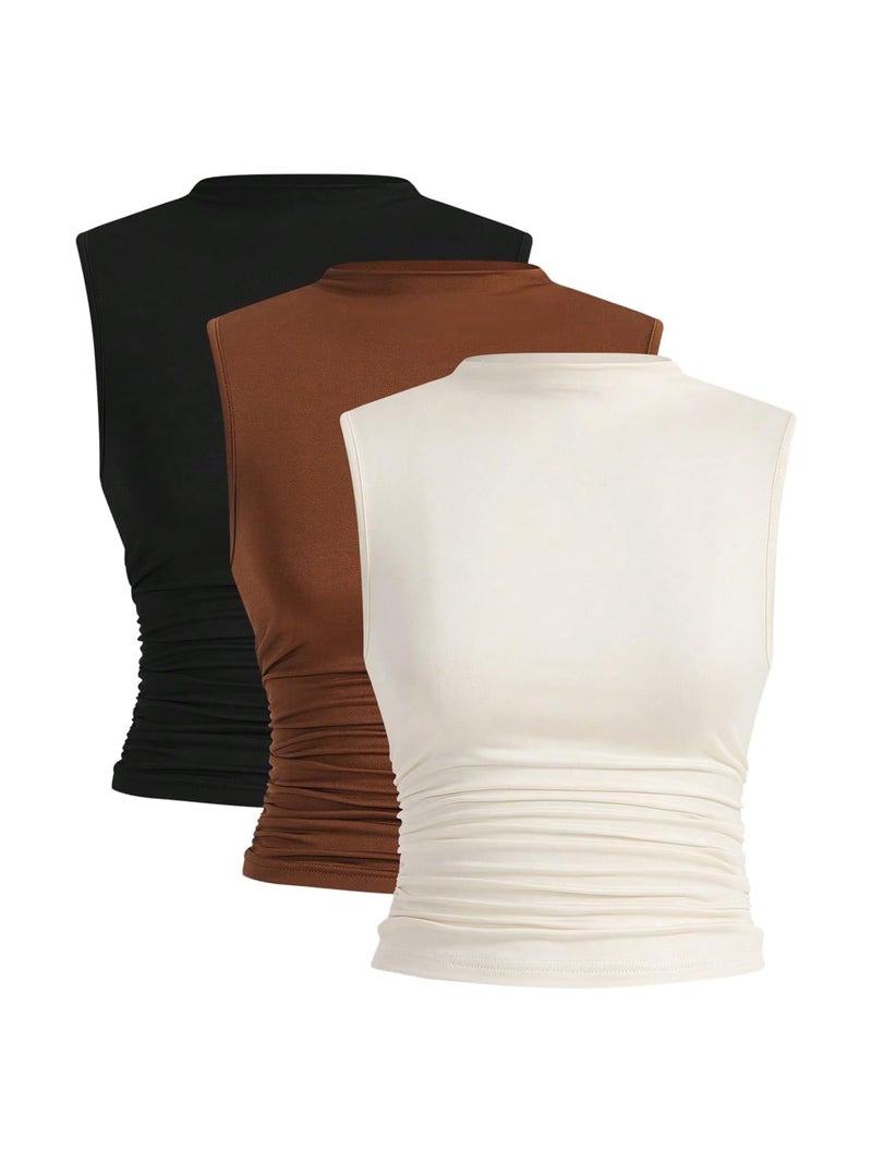 WDIRARA Women's 3 Pack Ruched Mock Neck Tank Top Sleeveless Fitted Tops Multicolor Medium - Image 1