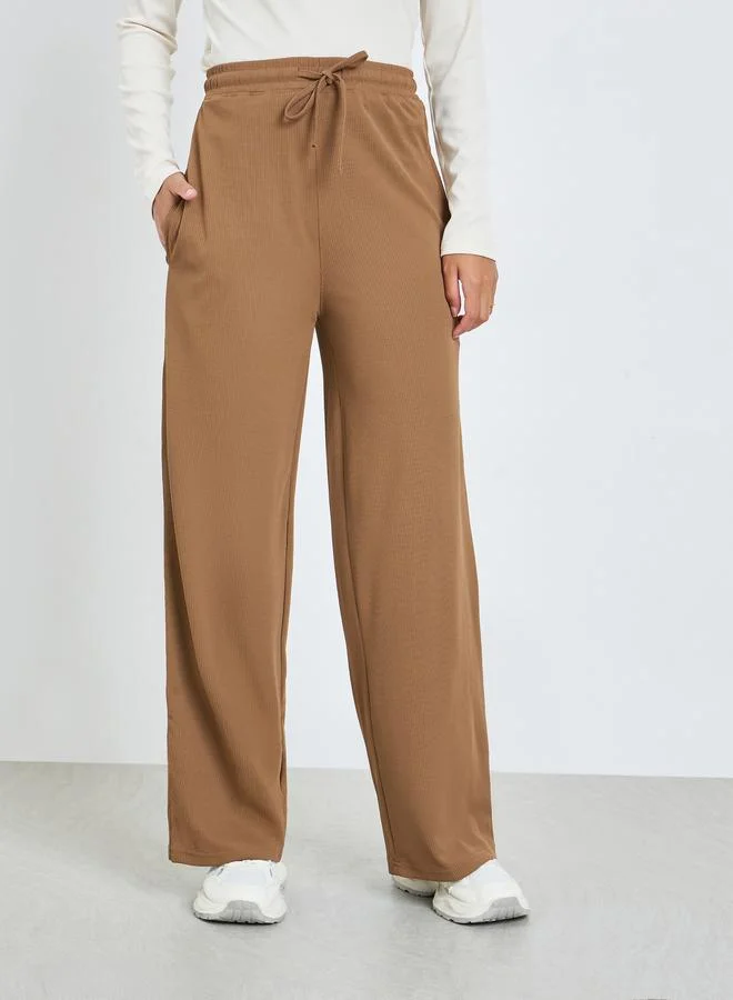 Styli Beige Solid Wide Leg Joggers