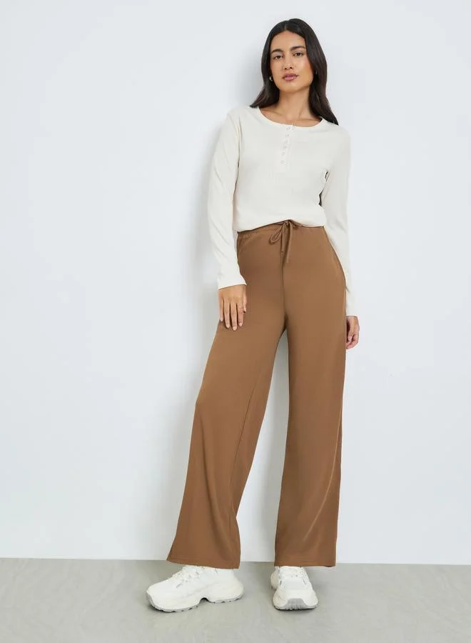 Styli Beige Solid Wide Leg Joggers