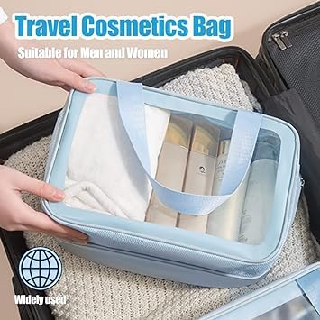 Keetly Cosmetic Makeup Storage Organizer Toiletry Case Bag Grooming Kit Travel Kit with Hook Makeup Organizer for Women Cosmetic Organizers Pouch Dual Zipper Elegant Design Blue - Image 2