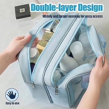 Keetly Cosmetic Makeup Storage Organizer Toiletry Case Bag Grooming Kit Travel Kit with Hook Makeup Organizer for Women Cosmetic Organizers Pouch Dual Zipper Elegant Design Blue - Image 5