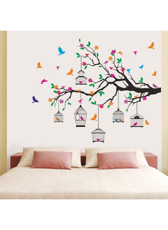 StickMe 'Nature Tree - Colorful - Birds - Cage - Wall Sticker ' -SM1120 (Multi Colour, Vinyl - 130cm X 110 cm), Self-Adhesive - Image 1