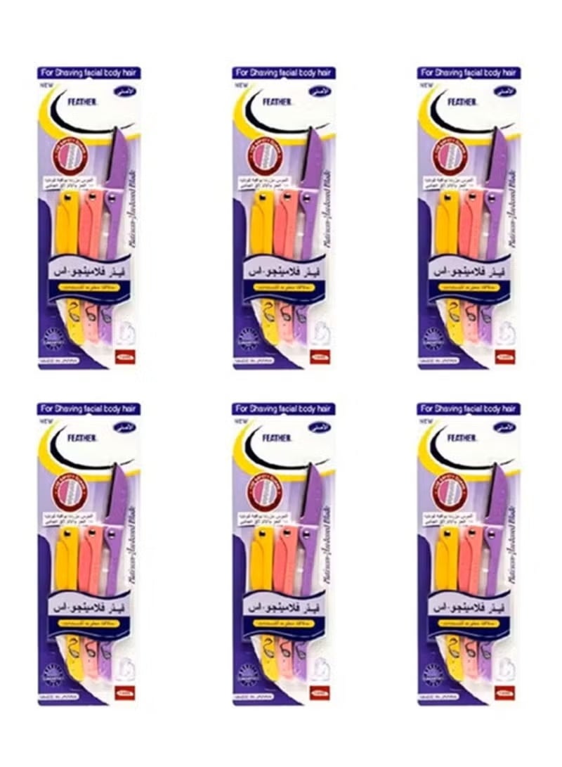 فيذر ماكينة حلاقة آمنة للسيدات مكونة من 18 قطعة لشعر الوجه والجسم (عبوة من 6 قطع) أصفر/وردي/أرجواني - Image 3