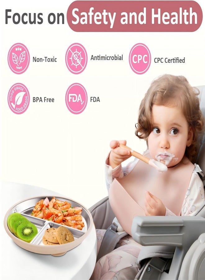 iMissiu Stainless Steel Baby Plates 2 Pack with Suction Cup Divided Non-Slip Unbreakable Kids Plates Removable Silicone Cover Pink Cream Beige for Everyday Use Home and Travel - Image 4
