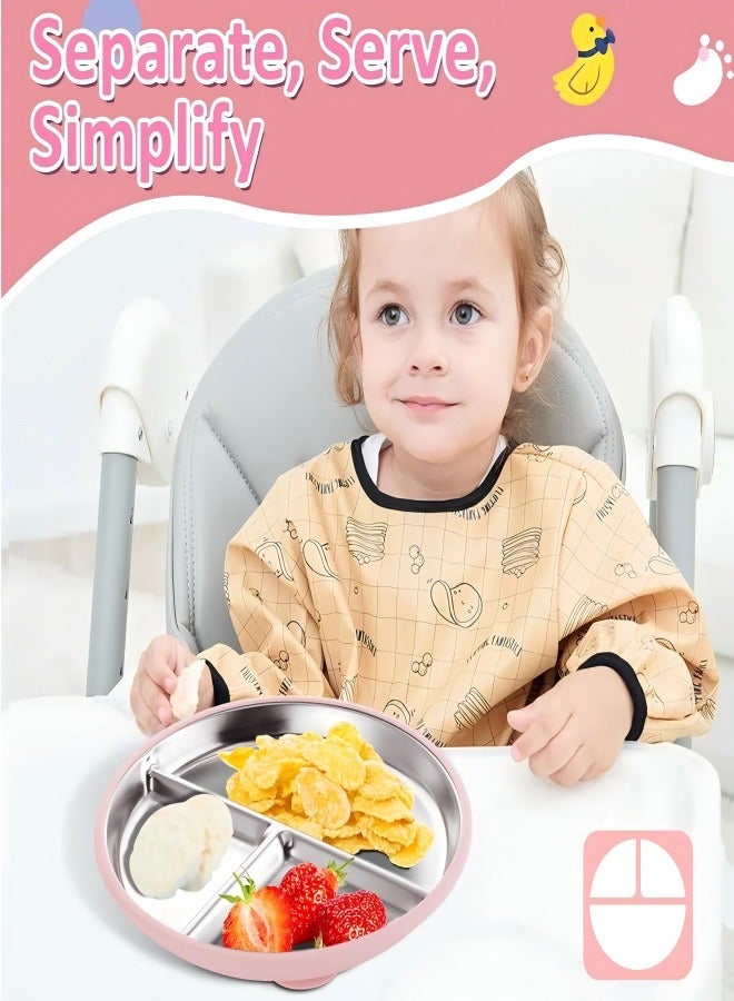 iMissiu Stainless Steel Baby Plates 2 Pack with Suction Cup Divided Non-Slip Unbreakable Kids Plates Removable Silicone Cover Pink Cream Beige for Everyday Use Home and Travel - Image 3