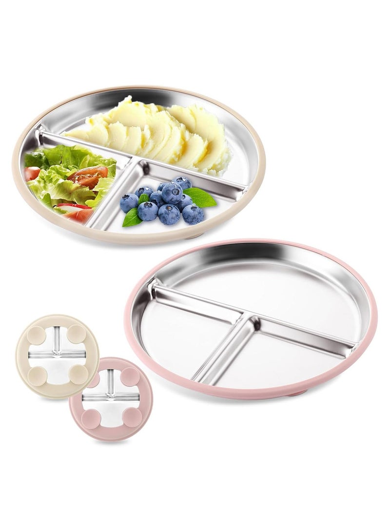 iMissiu Stainless Steel Baby Plates 2 Pack with Suction Cup Divided Non-Slip Unbreakable Kids Plates Removable Silicone Cover Pink Cream Beige for Everyday Use Home and Travel - Image 1