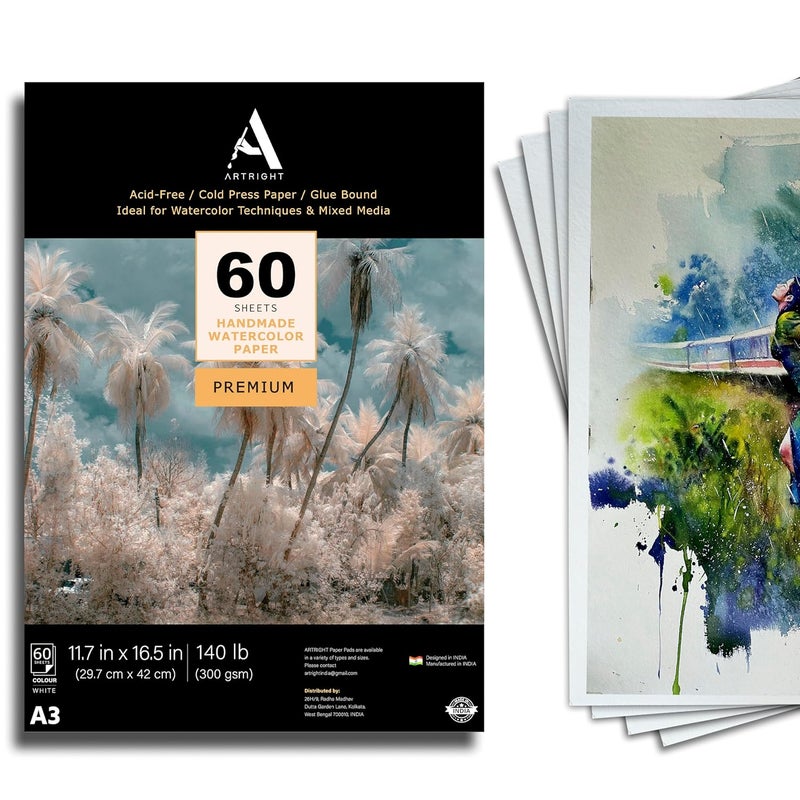 ArtRight Artists' Watercolor Paper A3 300 GSM - 60 Sheets of Handmade Rough Grain Water Colour Papers for Watercolour, Acrylic, Gouache, Ink & Mixed Media - Image 1