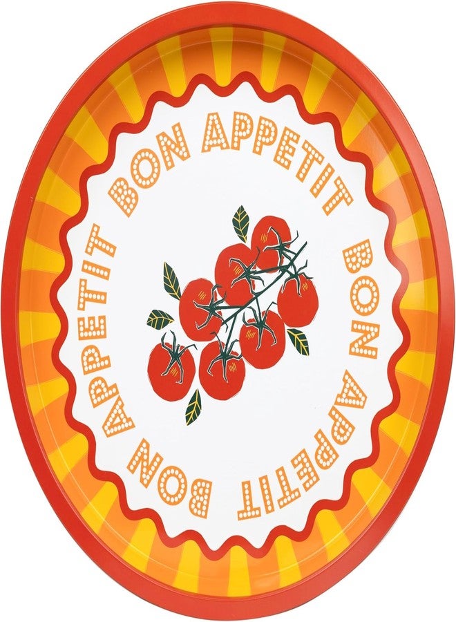 Talking Tables Large Round Serving Tray for Drinks, Snacks, Condiments Decorative and Colorful Tomato Design Summer Dining, BBQ, Outdoor Dining Garden Parties Made of Tin 12inches - Image 2