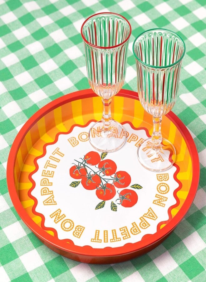 Talking Tables Large Round Serving Tray for Drinks, Snacks, Condiments Decorative and Colorful Tomato Design Summer Dining, BBQ, Outdoor Dining Garden Parties Made of Tin 12inches - Image 1