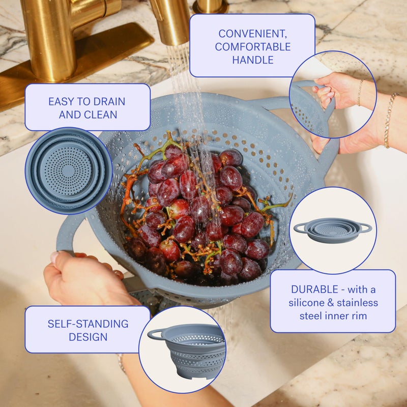GIR Collapsible Colander for Kitchen â€“ Space-Saving Strainer & Steamer â€“ BPA-Free, Heat-Resistant, Dishwasher Safe Kitchen Strainer with Stainless Steel Rim â€“ Durable Collapsible Colander - Slate - Image 4