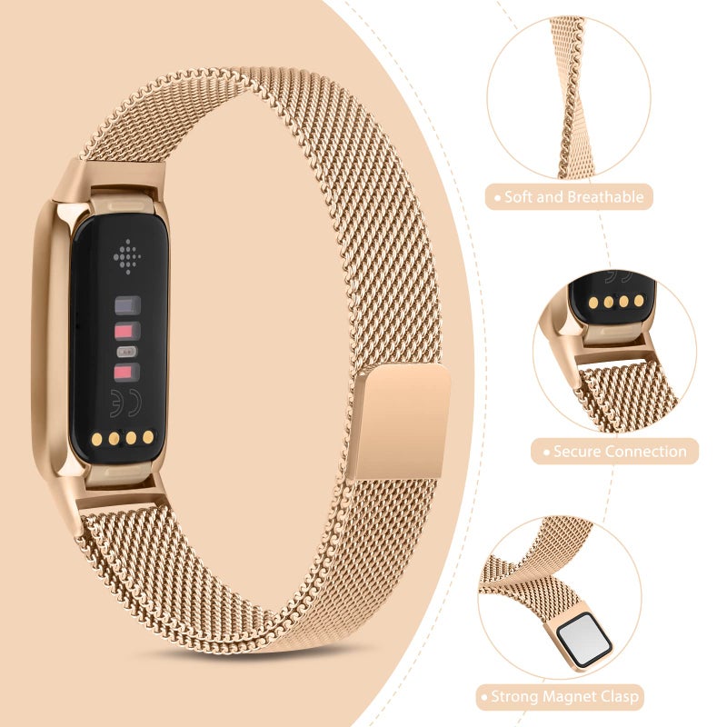 Vanjua Metal Band for Fitbit Luxe Bands Women Men, Stainless Steel Mesh Loop Adjustable Magnetic Wristband Replacement Strap Compatible with Fitbit Luxe Fitness and Wellness Tracker (Rose Gold) - Image 3