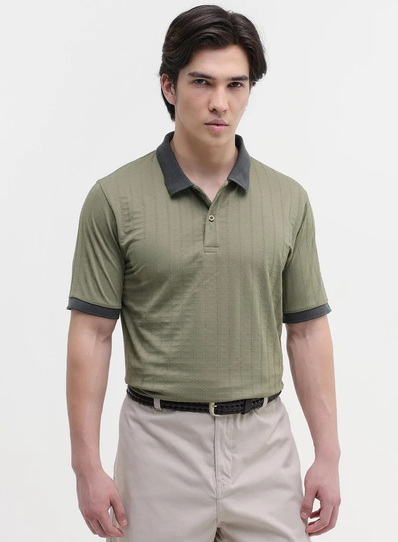 CAHOOT Men's Green Self Design T-Shirt For Casual Wear | Polo Collar | Short Sleeve | Button Closure | Cotton Blend T-Shirt Crafted With Comfort Fit For Everyday Wear