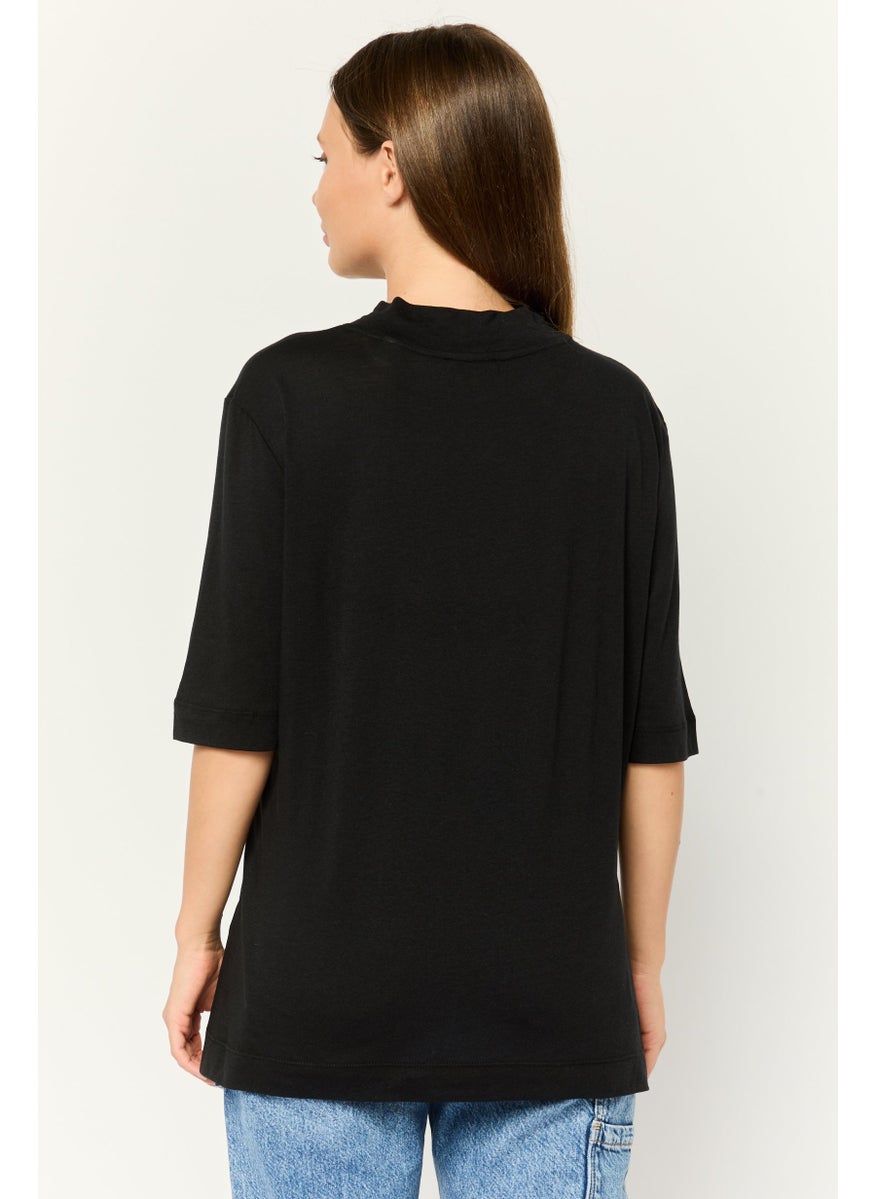 ESPRIT Women Mock Neck Short Sleeves Solid T-Shirt, Black  - Image 4