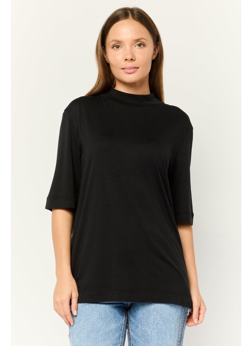 ESPRIT Women Mock Neck Short Sleeves Solid T-Shirt, Black  - Image 1