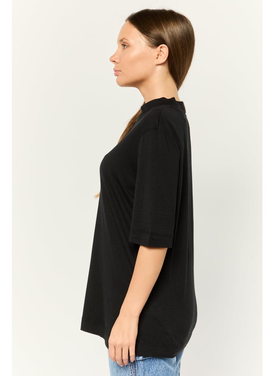 ESPRIT Women Mock Neck Short Sleeves Solid T-Shirt, Black  - Image 3