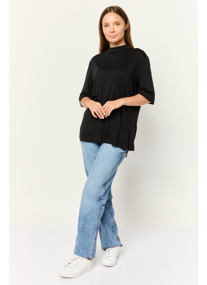 ESPRIT Women Mock Neck Short Sleeves Solid T-Shirt, Black  - Image 2