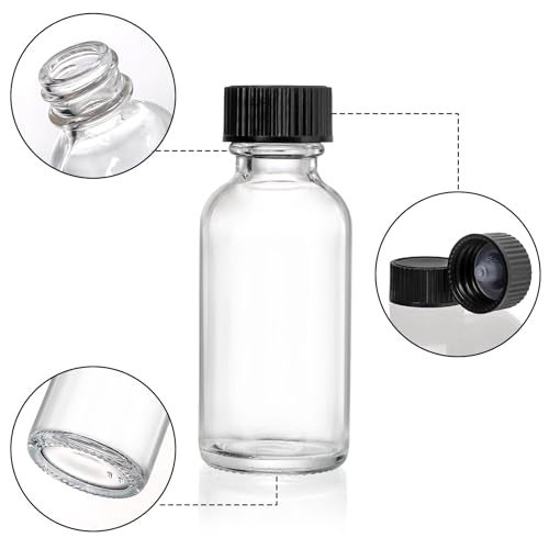 Bekith 30 Pack Boston Round Glass Bottle with Black Cap, 1 oz Capacity, Clear - Image 3