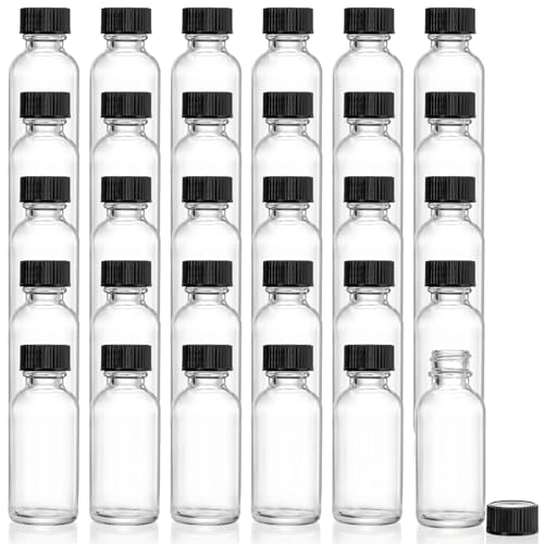Bekith 30 Pack Boston Round Glass Bottle with Black Cap, 1 oz Capacity, Clear - Image 1
