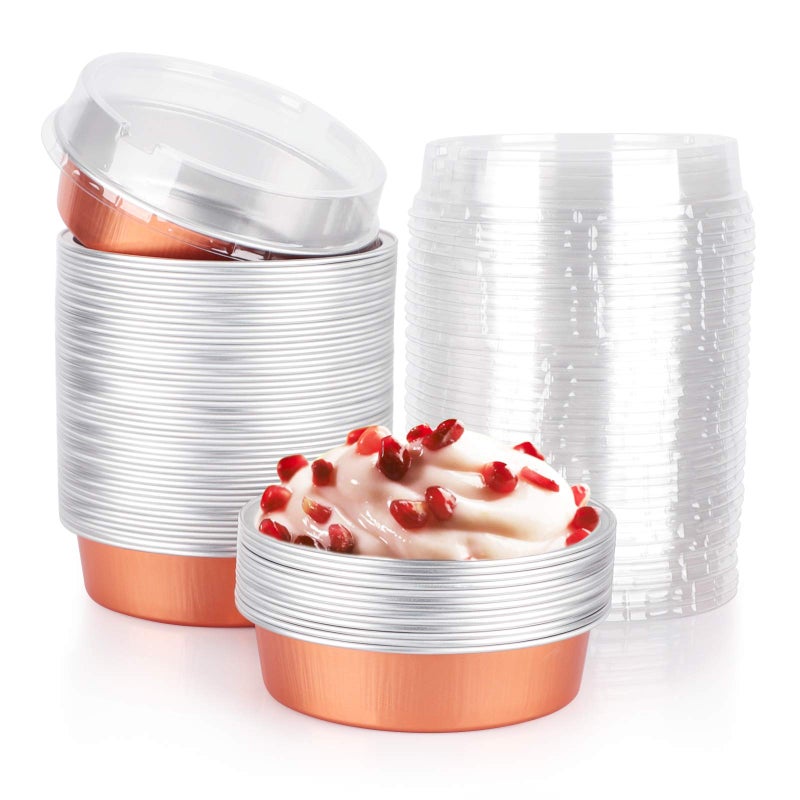 أواني تارت ميني من بيزيا 8 أونصات 50 عبوة صواني فطائر قابلة للاستخدام مرة واحدة مع أغطية 4 بوصات من الألمنيوم الوردي الذهبي صواني تارت كرتونية دائرية للخبز في الفرن صينية كعكة ميني لفطيرة التارت كيش