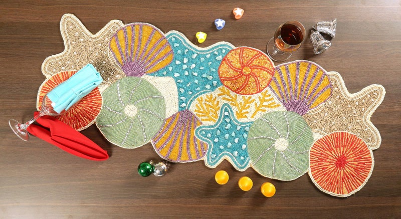 Lightnpro Seashell Hand Beaded Needlework Decorative Orange Blue Table Runner for Christmas Easter Fall Harvest Halloween Thanksgiving  A Beautiful Complement to Your Table Dcor  13x36 Inch