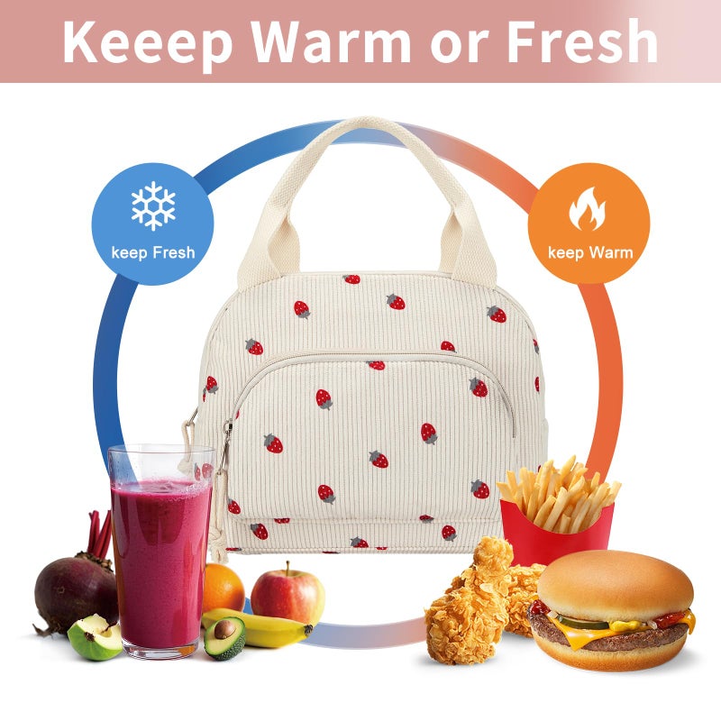 OYLOLA Lunch Bag Women Lunch Box for Women Adult Cute Insulated Lunch Bag Small Cooler Lunch Tote Bags for Work Picnic School (Beige-Strawberry) - Image 4