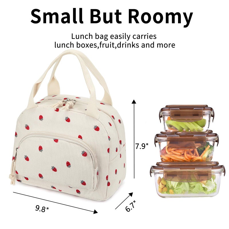 OYLOLA Lunch Bag Women Lunch Box for Women Adult Cute Insulated Lunch Bag Small Cooler Lunch Tote Bags for Work Picnic School (Beige-Strawberry) - Image 3