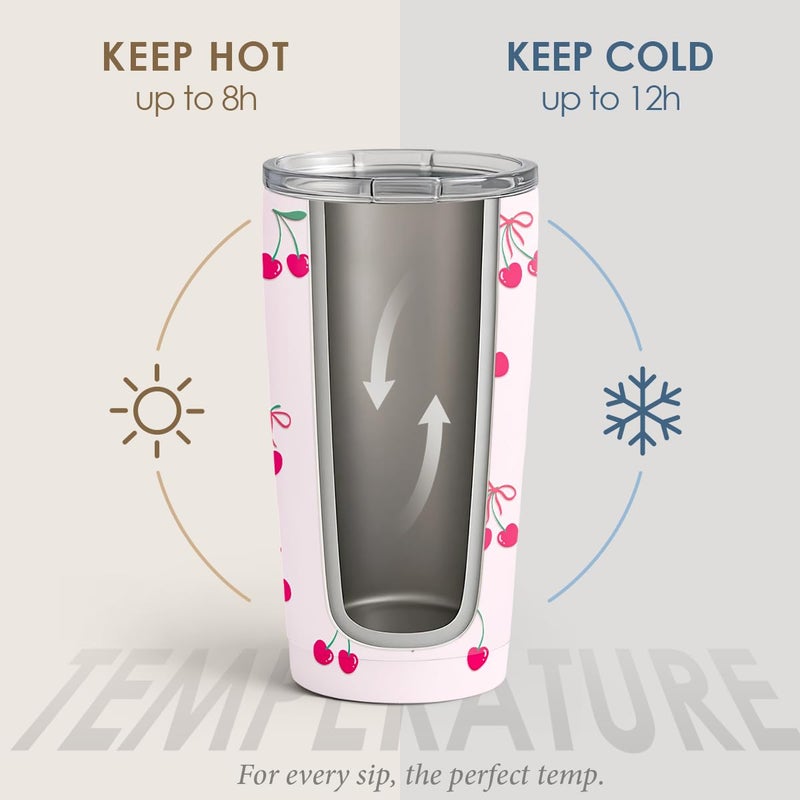 SANDJEST Cherry Tumbler 20oz, Stainless Steel Travel Cup with Lid, Insulated Coffee Mug, Cherry Gifts for Women Girls Friends Sisters on Birthday Christmas - Image 3