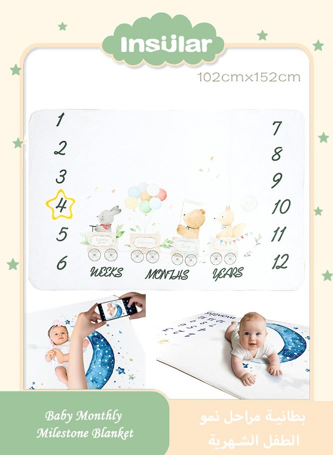 انسولار بطانية ميلستون الشهرية للاطفال مخطط نمو شهري لحديثي الولادة وتقويم السنة الاولى مقاس 60 انش × 40 الصوف الناعم مع مريلة و2 علامات تاريخية هدايا استحمام للاولاد والبنات ابيض - Image 1