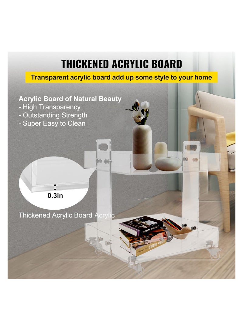 Eworld Versatile Acrylic Carts on Wheels Featuring Thick Board and Lockable Swivel Wheels. 2-Tier Sofa Side Table Design for Stylish Living Room and Bedroom Nightstand Arrangements. - Image 3