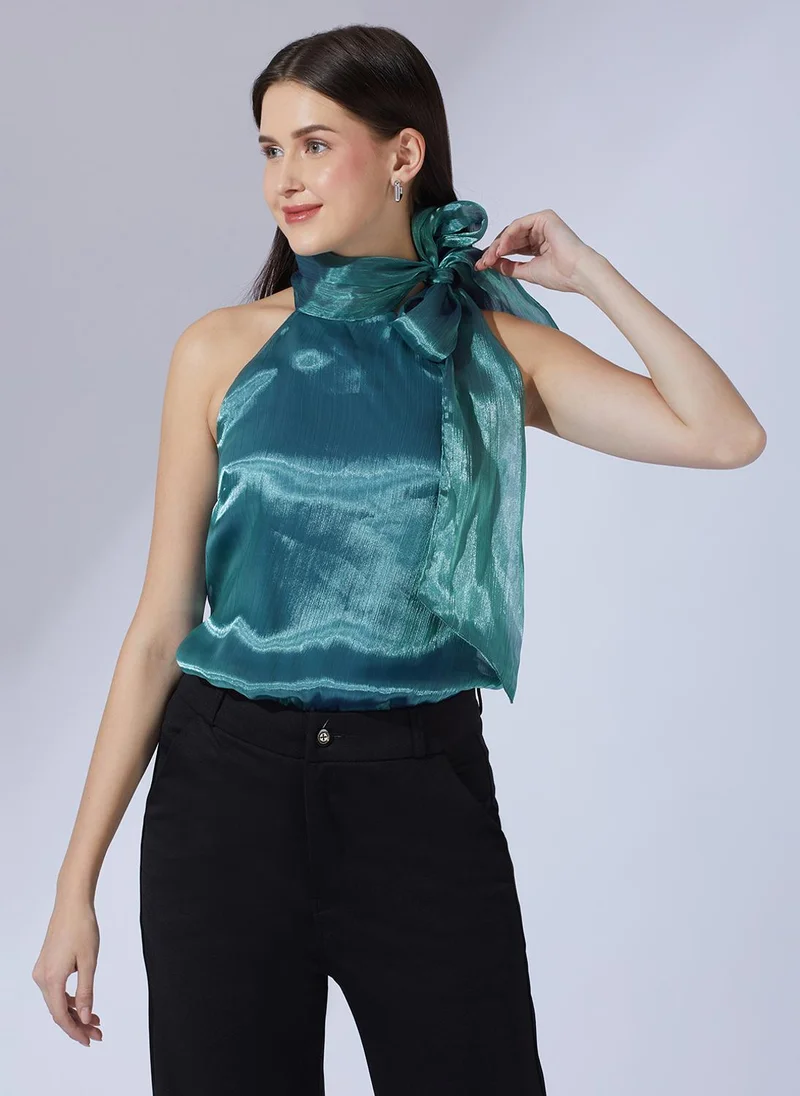 globus Globus Women Teal Halter Neck With Bow Tie-Up Organza Party Top