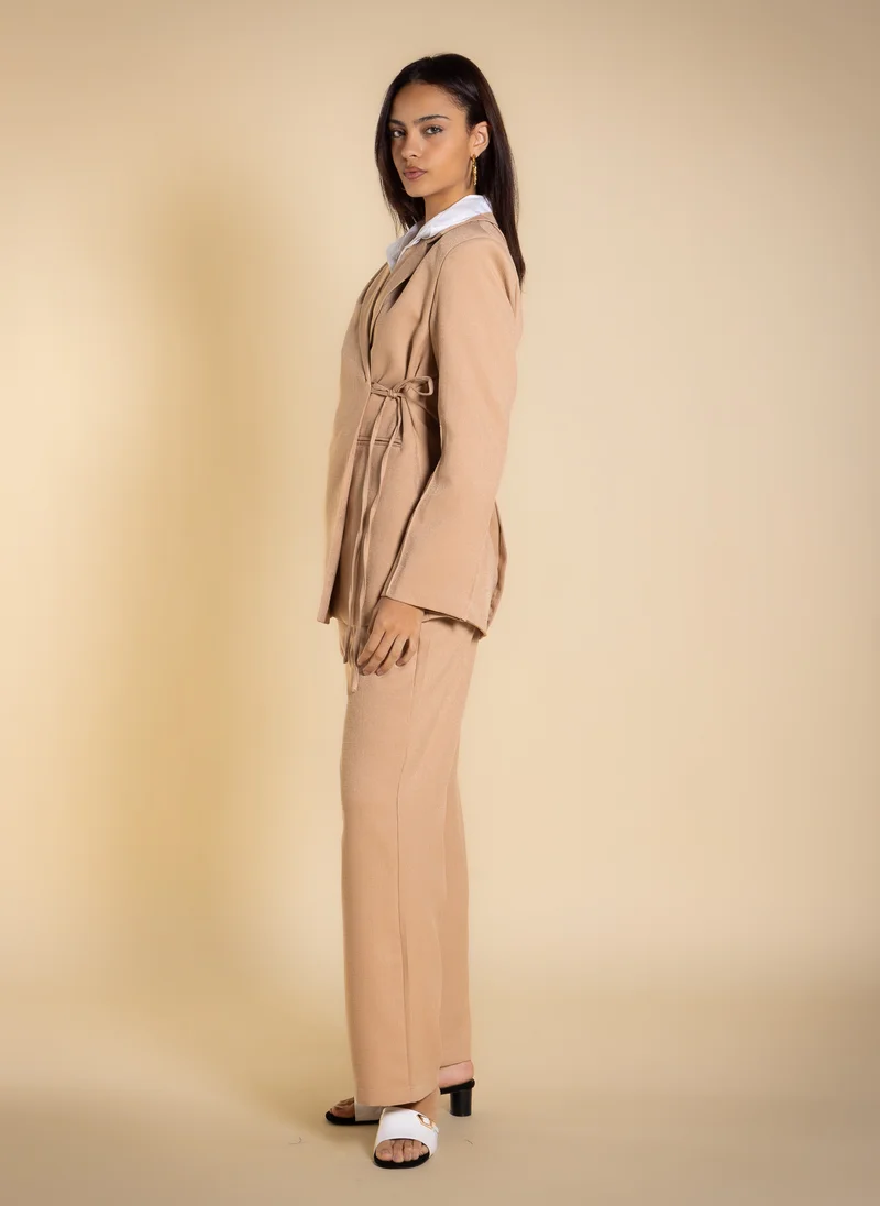 Shapes Dark Beige TEXTURED SIDE-TIE BLAZER SET for Women | Best Price UAE