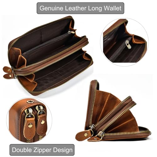 LUUFAN Genuine Leather Long Wallet Large Capacity Double Zipper Around Purse Clutch Bag Handbag Pouch Cash Credit Cards Phone Holder - Image 3
