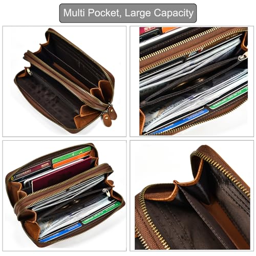 LUUFAN Genuine Leather Long Wallet Large Capacity Double Zipper Around Purse Clutch Bag Handbag Pouch Cash Credit Cards Phone Holder - Image 4