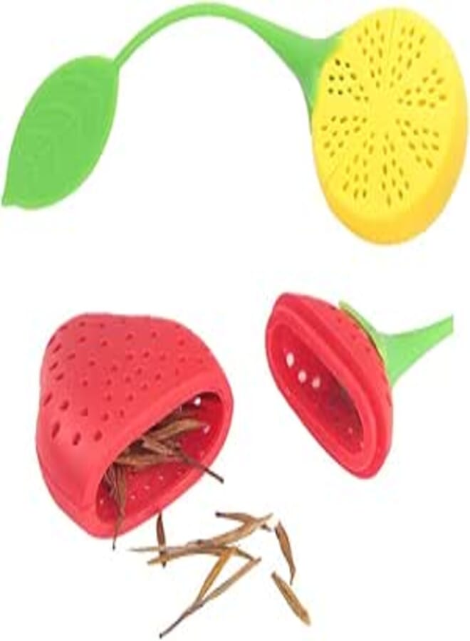 Spaceshoop 2 Pack Silicone Tea Infuser Strawberry Lemon Shaped Reusable Safe Adorable Multifunctional Tea Bags Strainer Filter with Long Handled for Office Family Tea Meeting Occasions(Red Yellow)