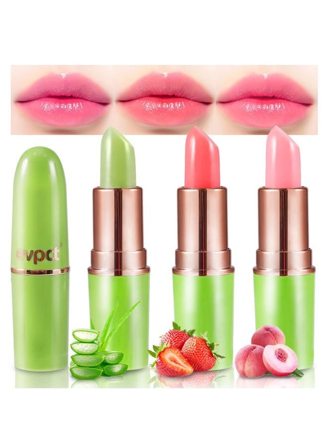 evpct 3Pcs Aloe Vera Strawberry Peach Pink Color Changing Lipstick Tinted Lip Color Balm Gloss Tint Set Green Magic PH Mood Kids Lipstick Color Changing Crystal Flower Jelly Lipstick Korean Makeup - Image 1