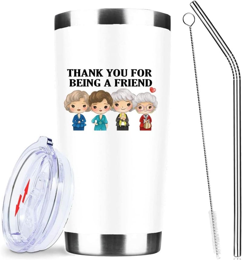Thank You for Being A Friend Mug Golden Girls Merchandise Gift for Friends Friendship Birthday Mothers Day Gifts for Women Buddies Besties Iced Coffee Tumbler Cup with Lid Straw 20 OZ White