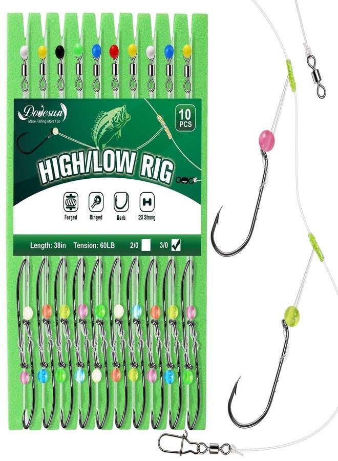 Dovesun High Low Rigs Fishing Saltwater 60lb Pre-Tied Hi/Lo Saltwater Fishing Rigs Strong Unique T Knot Surf Fishing Rigs for Flounder Tautog Porgy Snapper with 3/0 Hook 10PCS - Image 1