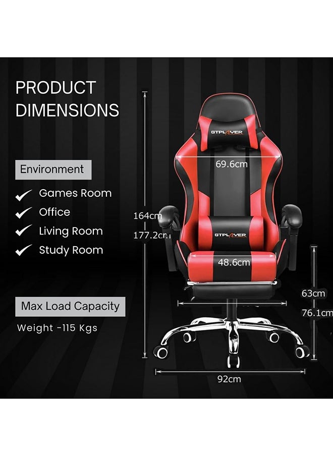 GTPLAYER Gaming Chair – Massage Cushion, Premium PU Leather, Ergonomic Design with Footrest, 360° Swivel, Adjustable Neck & Lumbar Pillow for Back Support, Home & Office Chair (Red)  - Image 2
