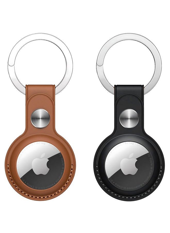 Bottle Beat 2 Pack PU Leather AirTag Case Cover with keychain - Anti-Fall, Scratch-Resistant & Secure-Fit Protective AirTag Accessories - AirTag Keyring, AirTag Holder for Pet, Luggage, Backpack (Black+Brown) - Image 1