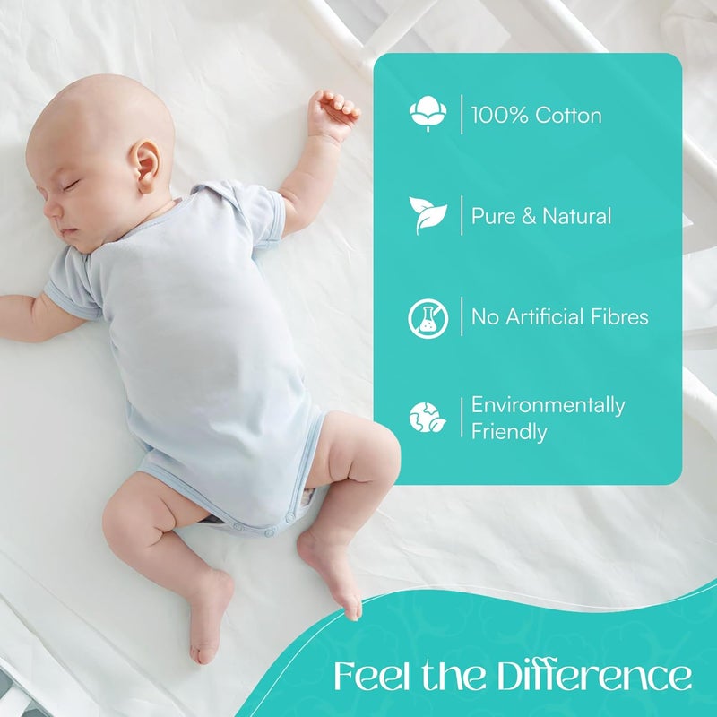 2 x Cot Fitted Sheets 120x60cm - 100% Cotton, Soft breathable baby cot sheets (White) - Image 5
