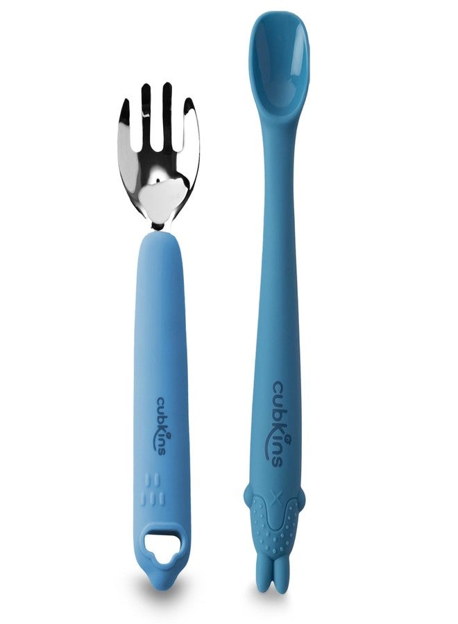 Cubkins Steel Head Fork with Early Feeding Bendable Training Spoon for Feeding Baby | Non Toxic, Food Safe and BPA Free | Washable and Reusable (Blue Olive) - Image 1